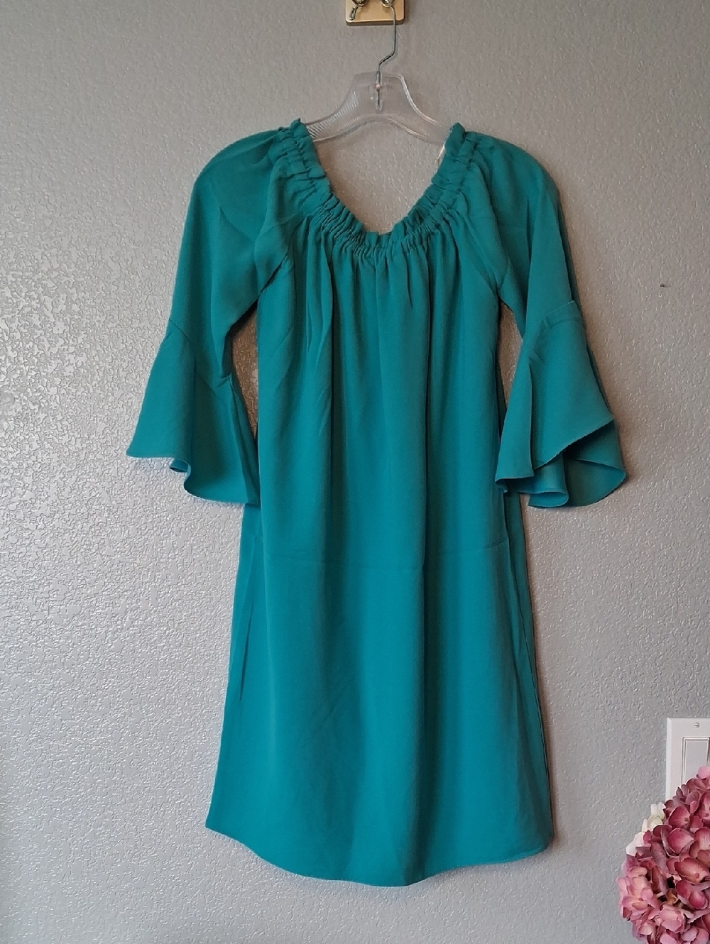 Trina Turk Teal Bell-Sleeve Shift Dress